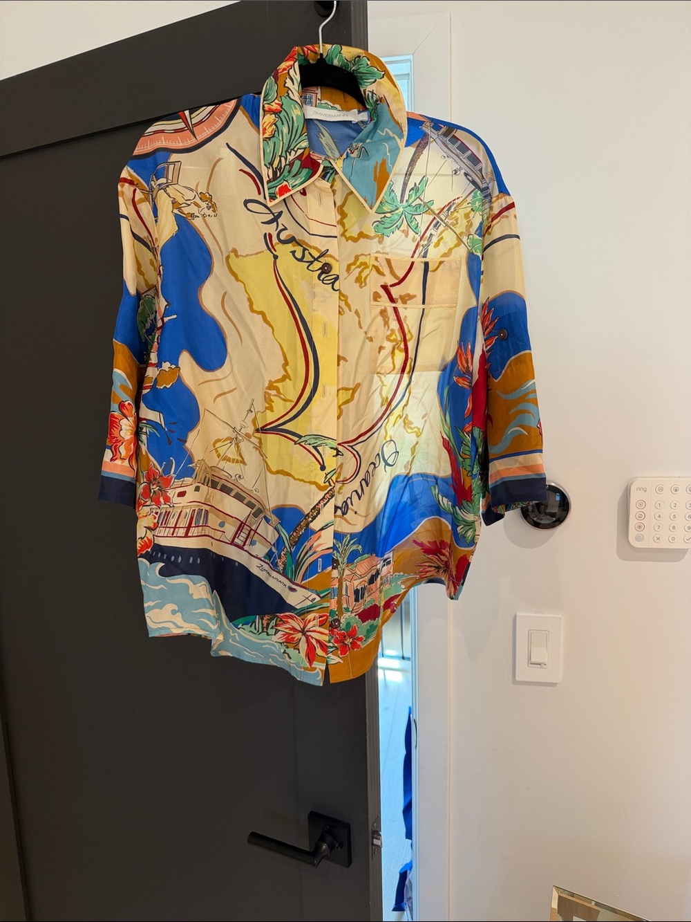 Zimmermann Multicolor Scenic Print Button-Down Shirt in Blue and Cream